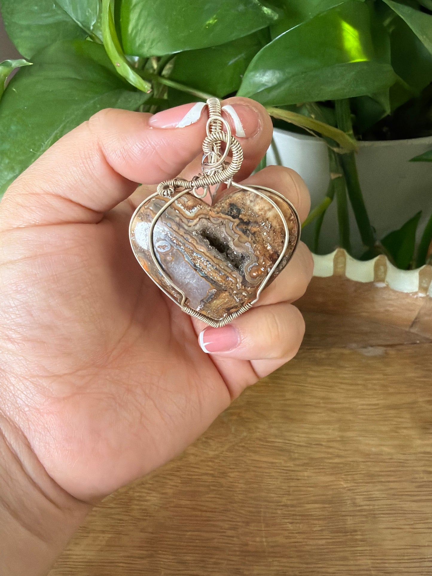 Crazy Lace Agate Heart Wire Wrapped Necklace