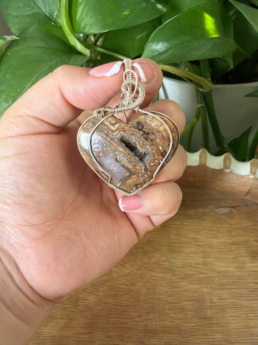 Crazy Lace Agate Heart Wire Wrapped Necklace