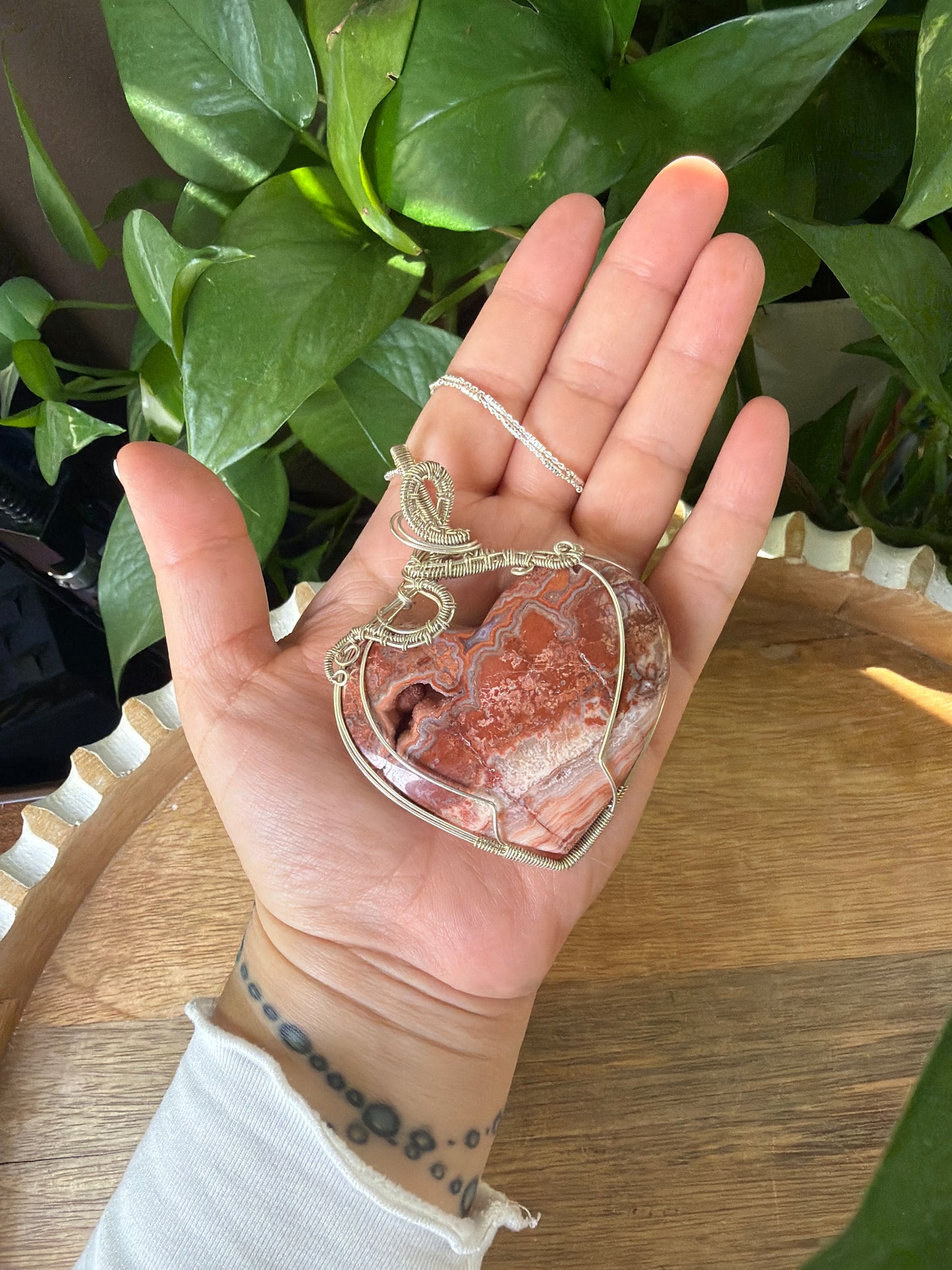 Large Crazy Lace Agate Heart Wire Wrapped Necklace