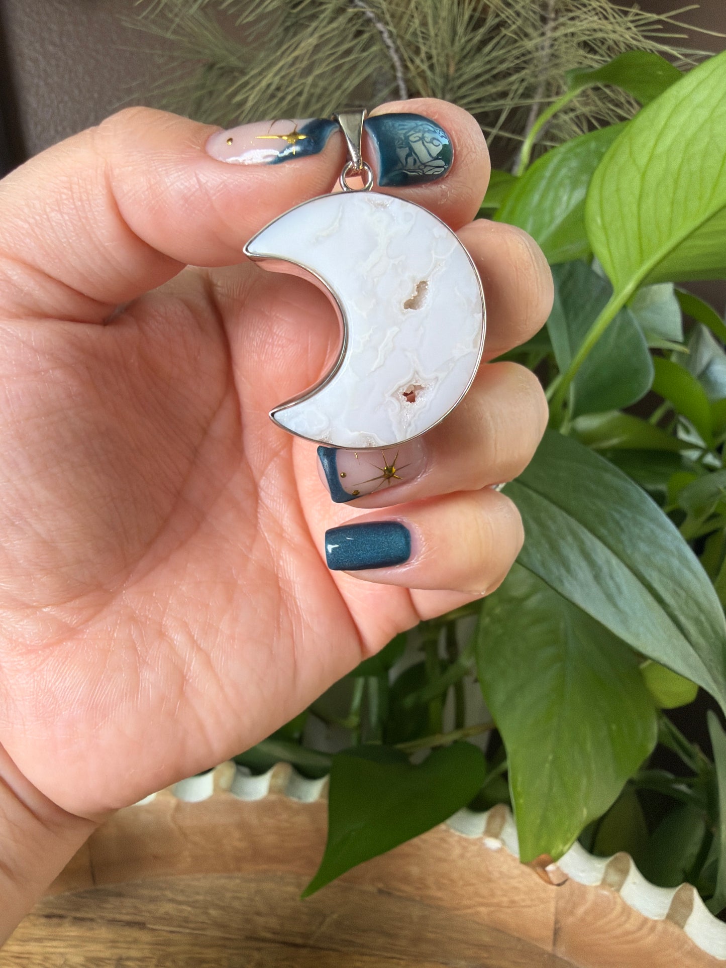 White Plume Agate Moon Pendant