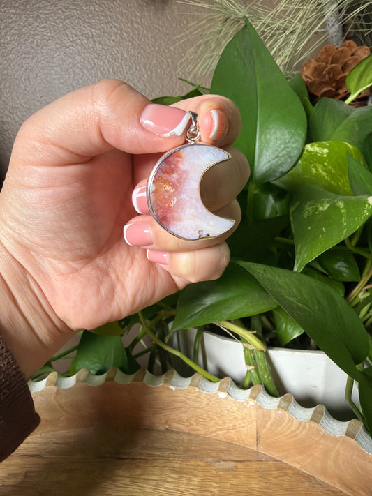 Rainbow Plume Agate Moon Pendant