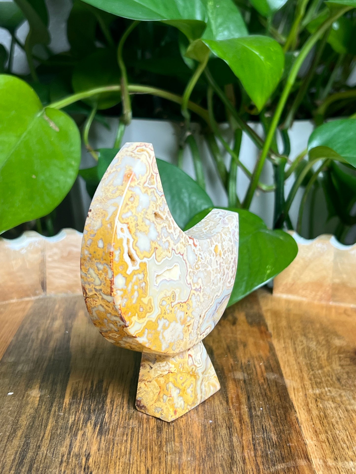 Yellow Crazy Lace Agate Self-Standing Moon: A