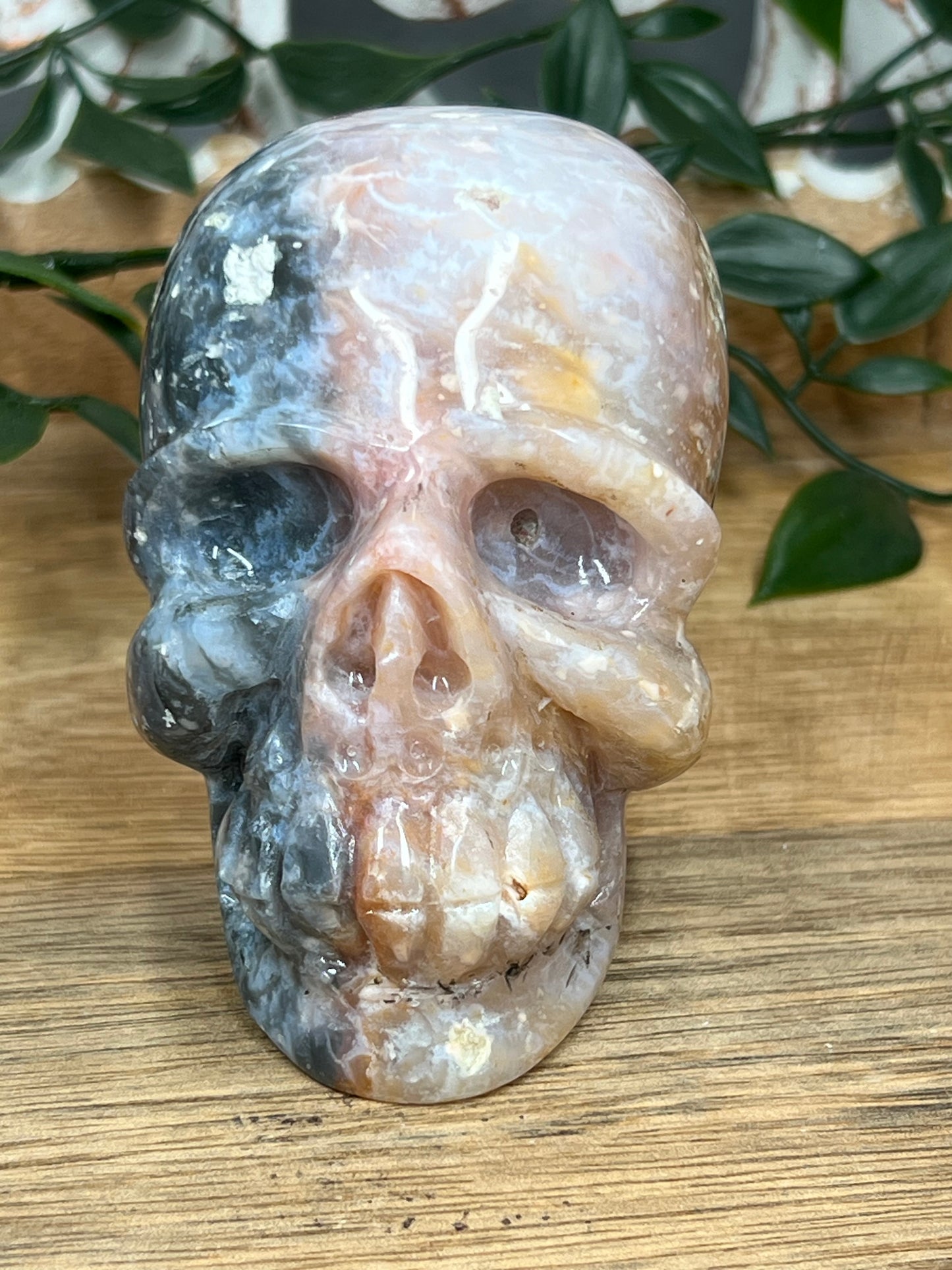 Rainbow Plume Agate Skull