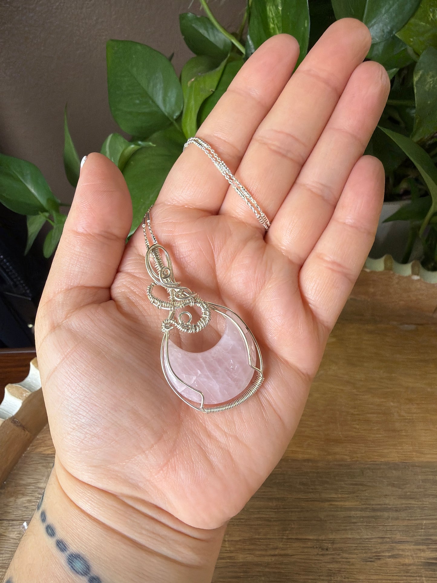 Rose Quartz Moon Wire Wrapped Necklace