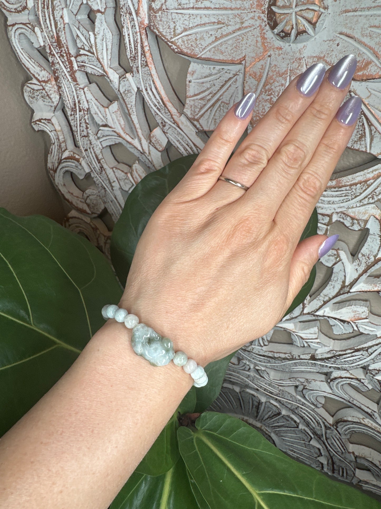 Green Burmese Jade Beaded Bracelet+ Dragon Bead