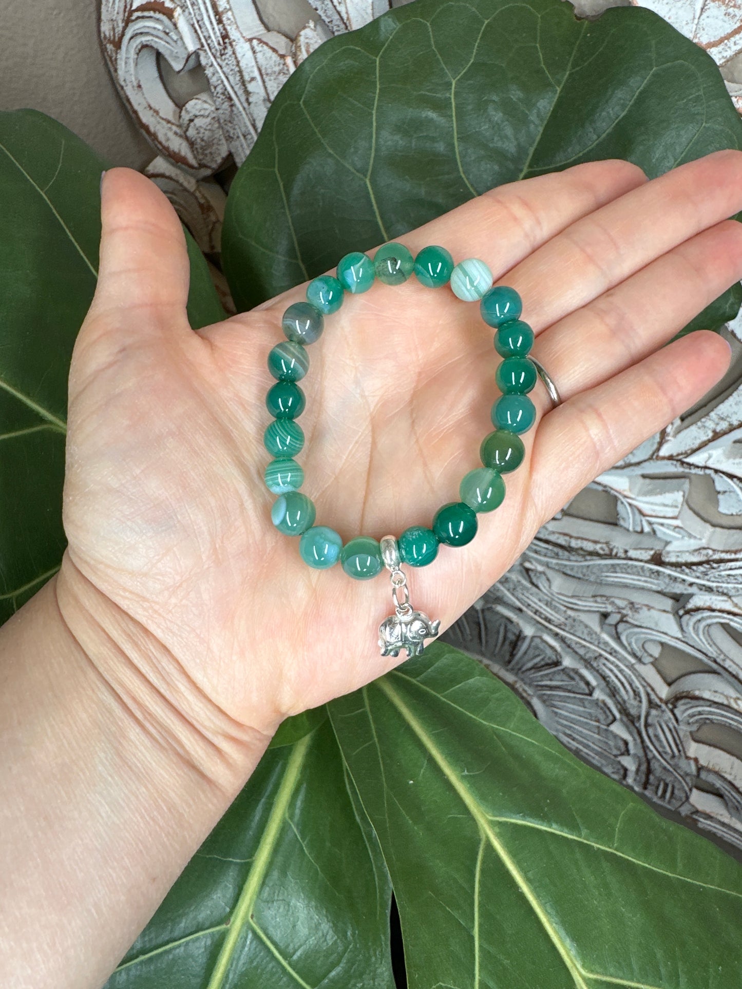 Green Agate Beaded Bracelet + Silver Charm (8mm)