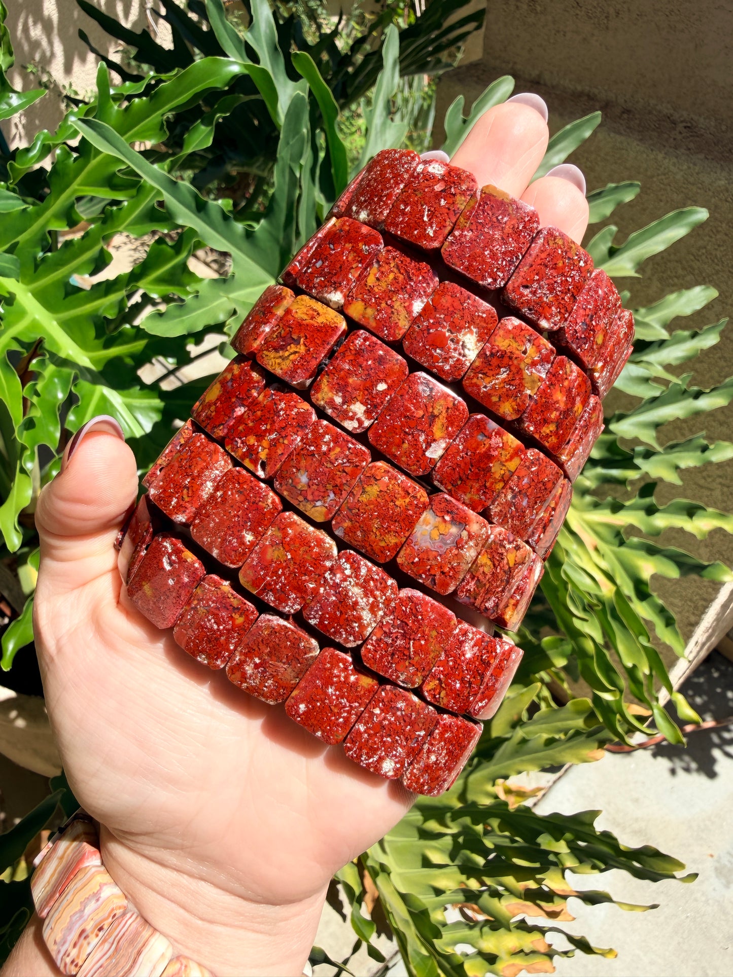 Red Moss Agate Rectangle Beaded Bracelet (17mm)