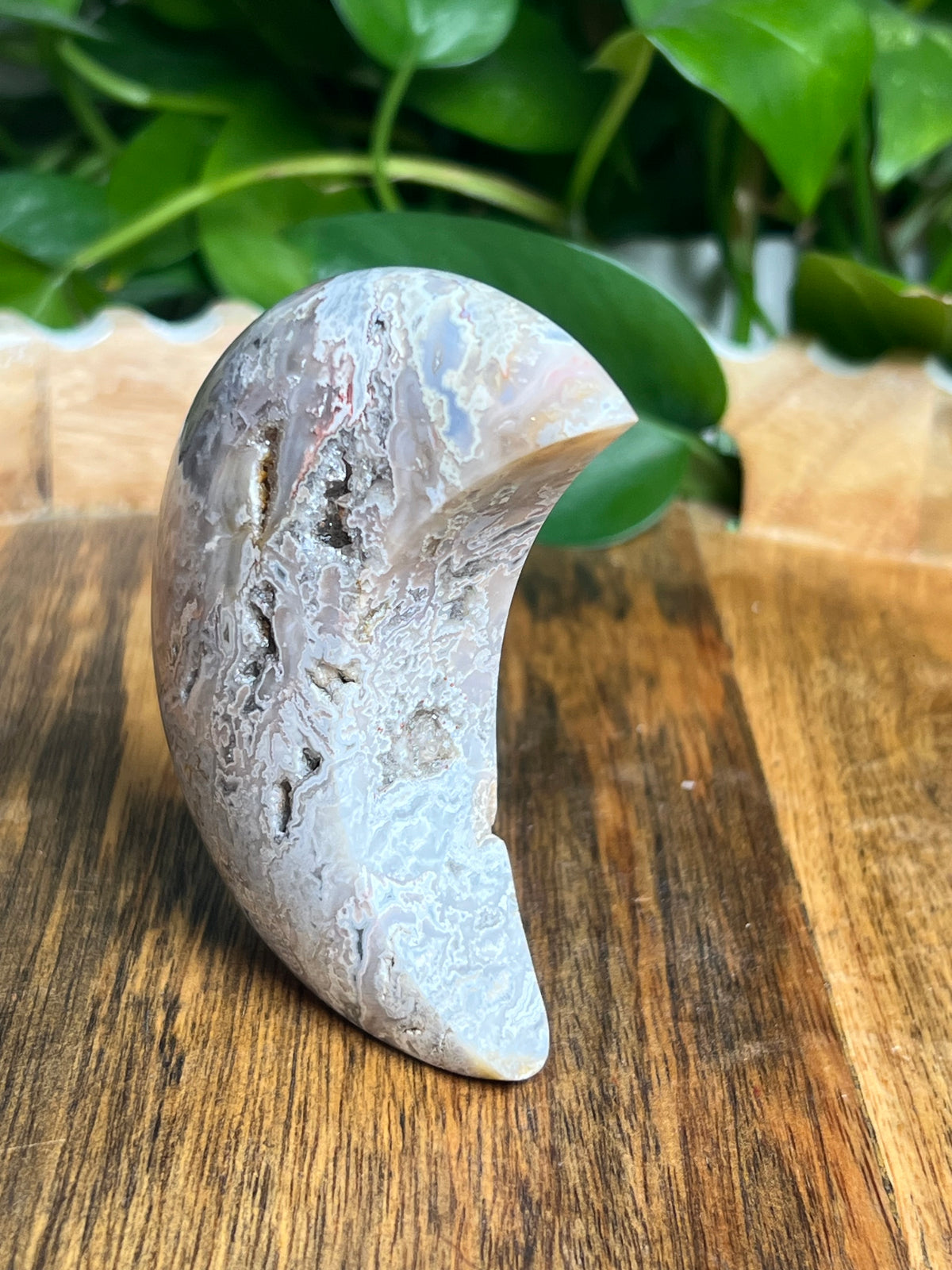 Sumatra Plume Agate Self-Standing Moon: SC