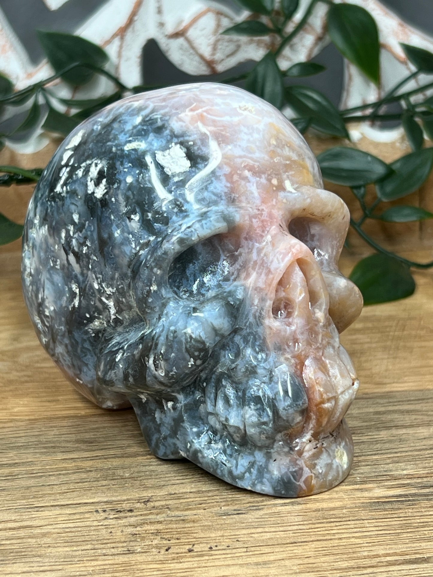 Rainbow Plume Agate Skull