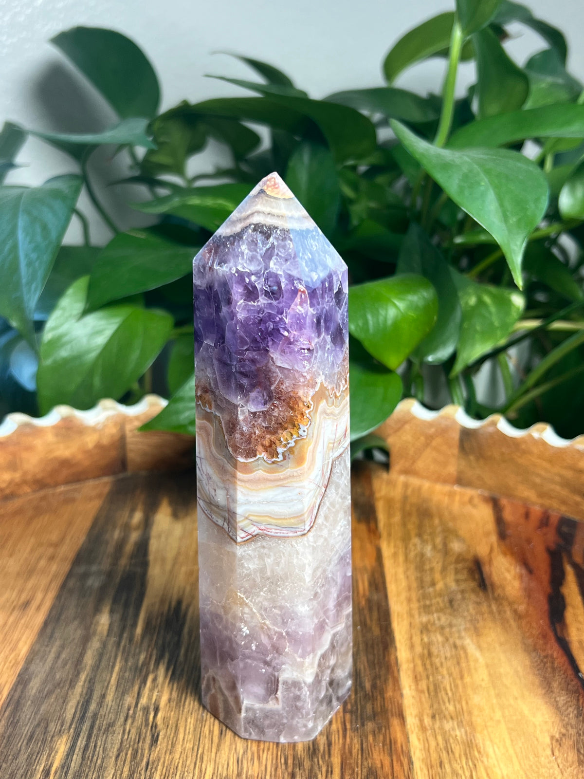 Mexican Crazy Lace Agate Amethyst Tower: Q