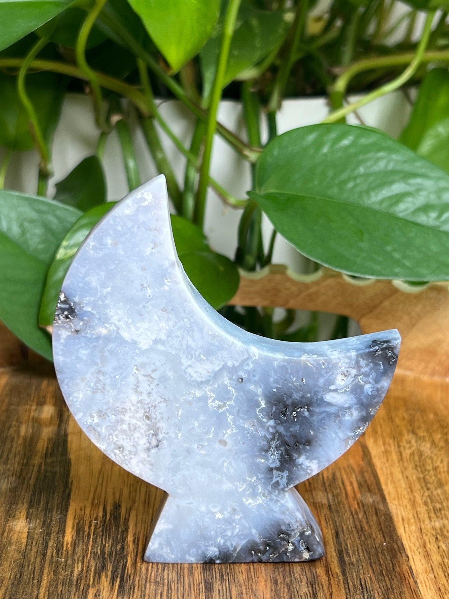 Blue Plume Agate Self-Standing Moon: CG