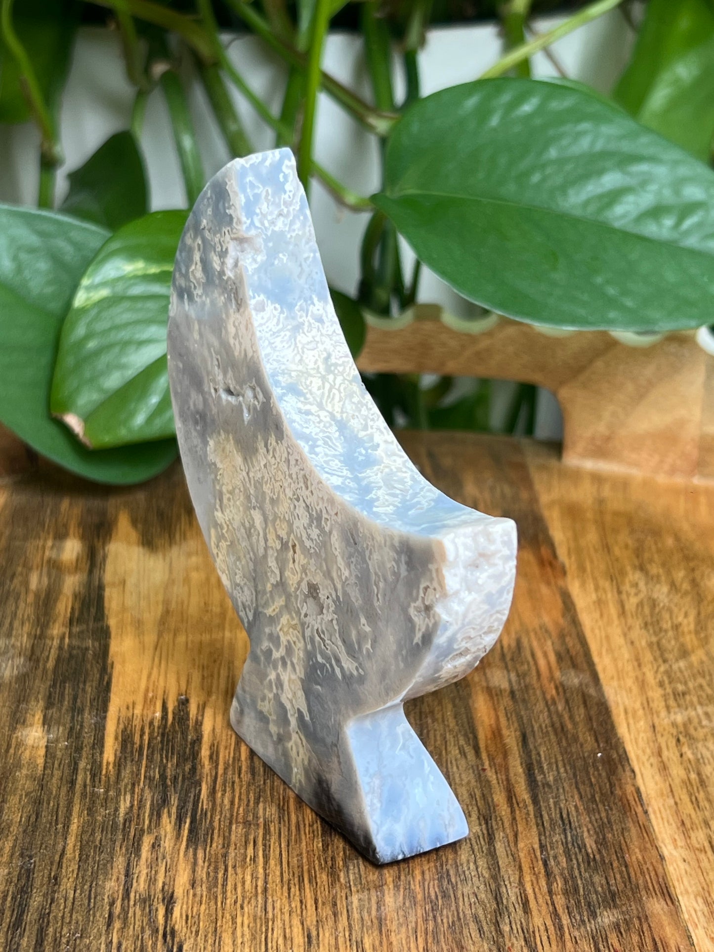 Blue Plume Agate Self-Standing Moon: LB