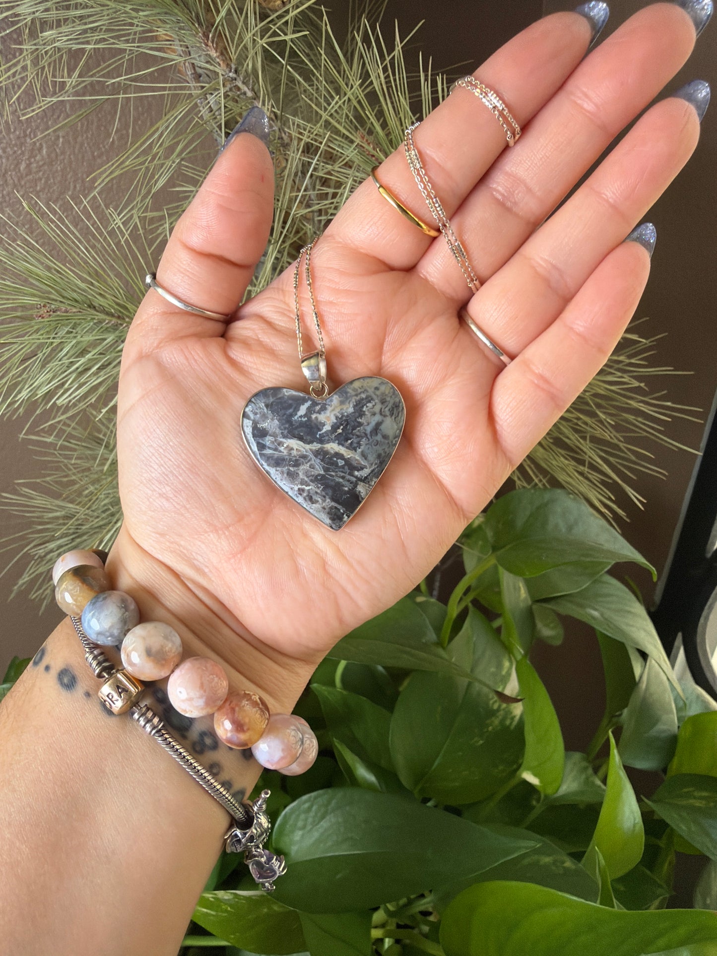 Blue Plume Agate Heart Necklace