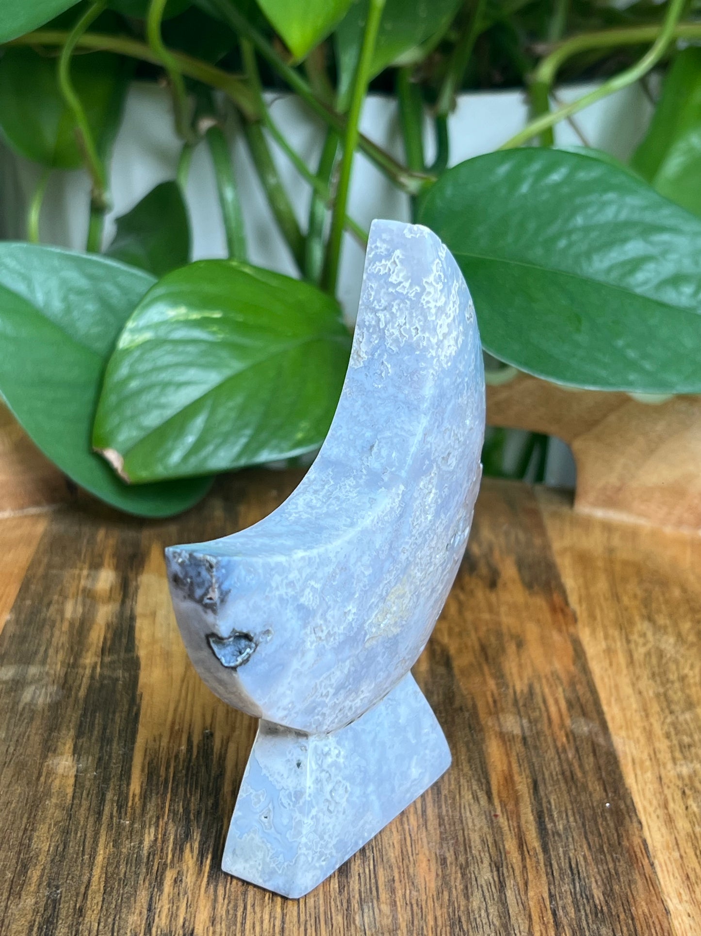 Blue Plume Agate Self-Standing Moon: MD