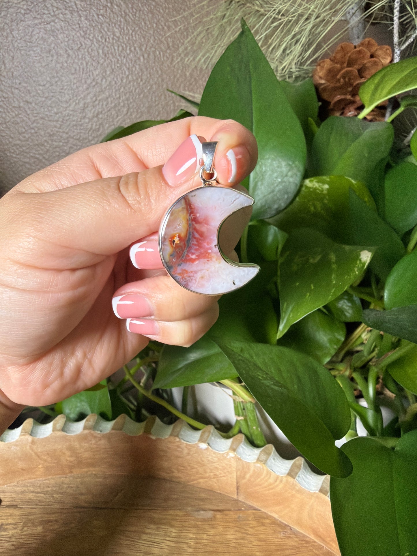 Rainbow Plume Agate Moon Pendant