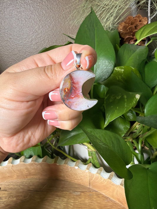 Rainbow Plume Agate Moon Pendant