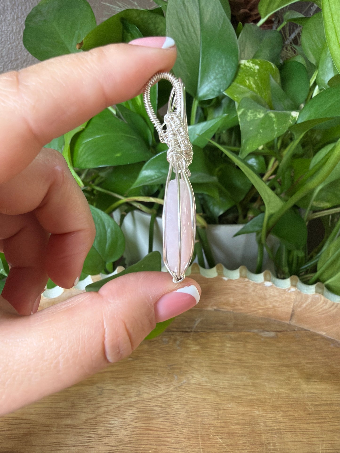 Rose Quartz Moon Wire Wrapped Necklace