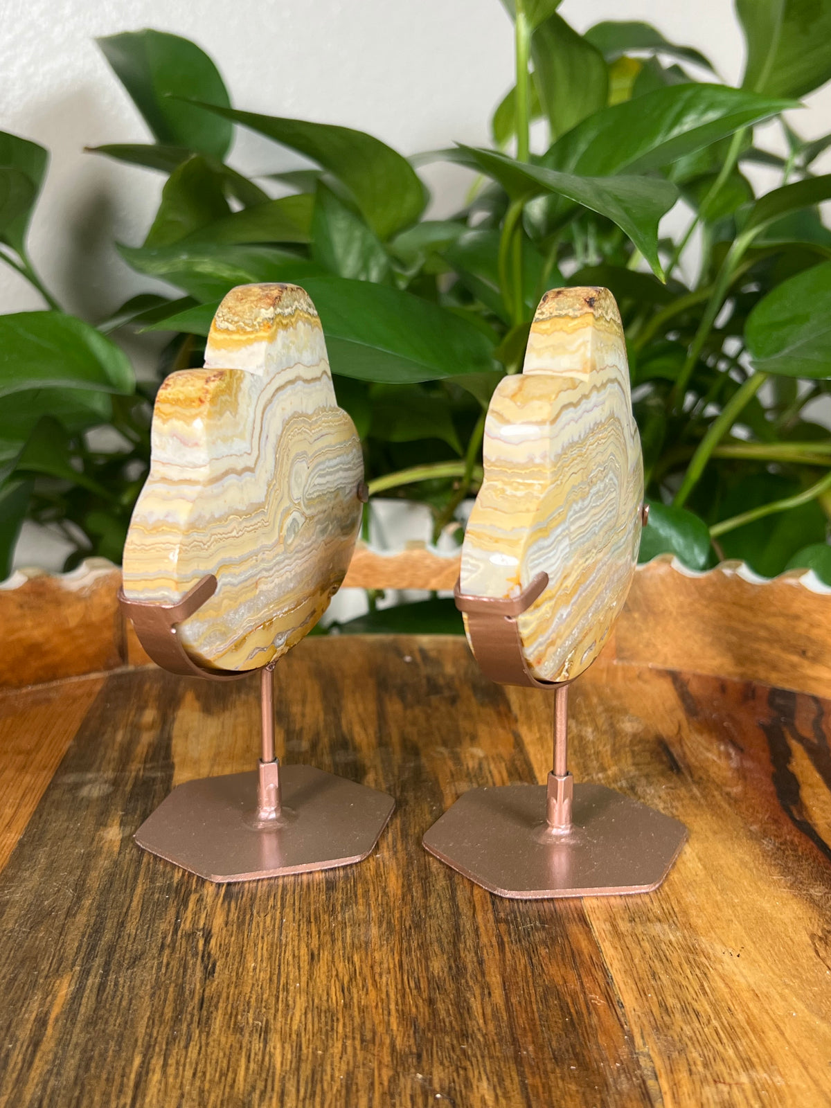 Yellow Crazy Lace Agate On Metal Stand Clouds