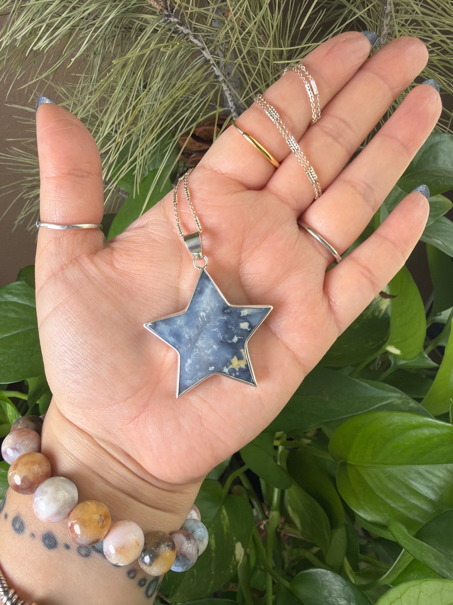 Blue Plume Agate Star Necklace