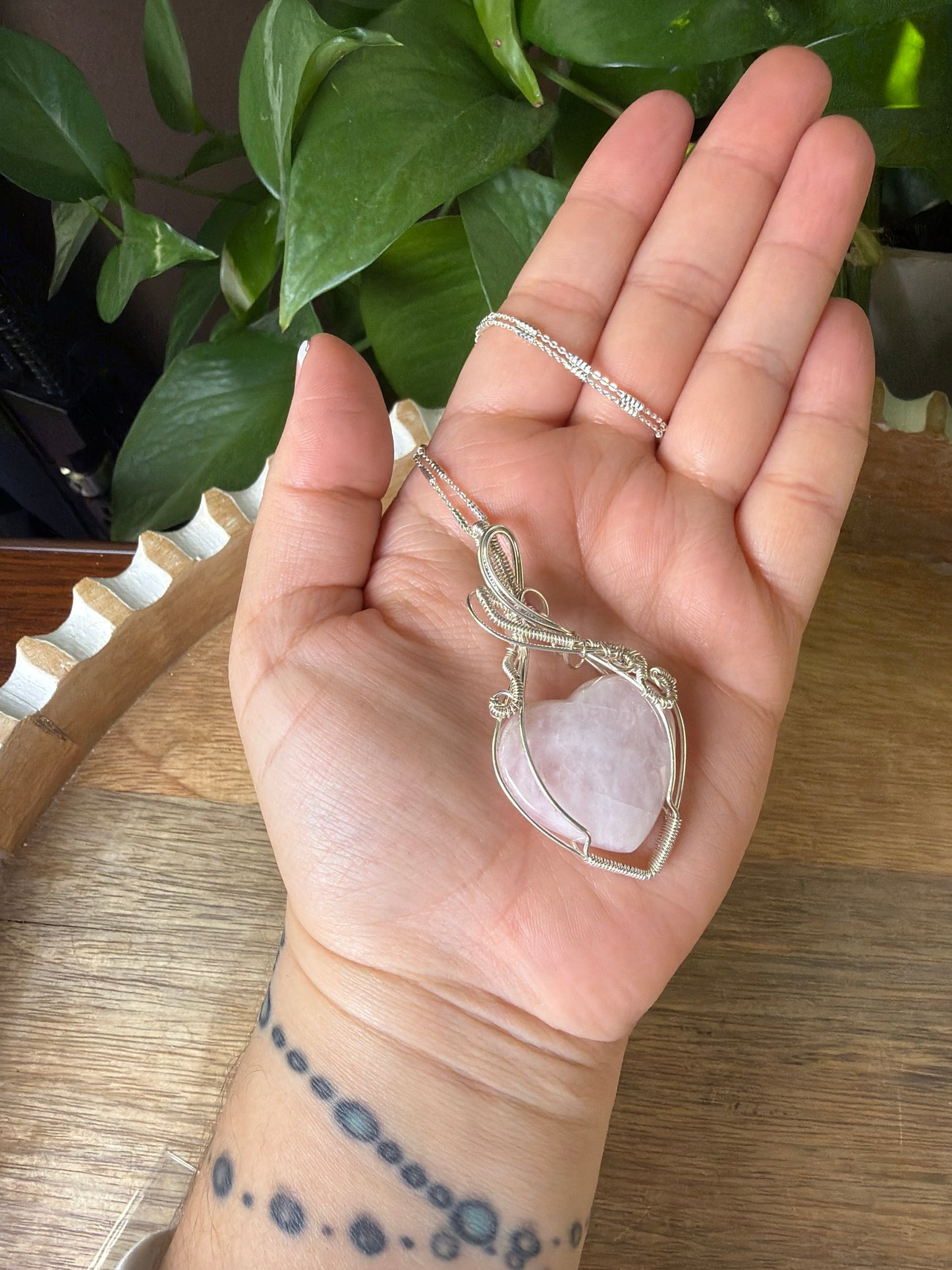Rose Quartz Heart Wire Wrapped Necklace