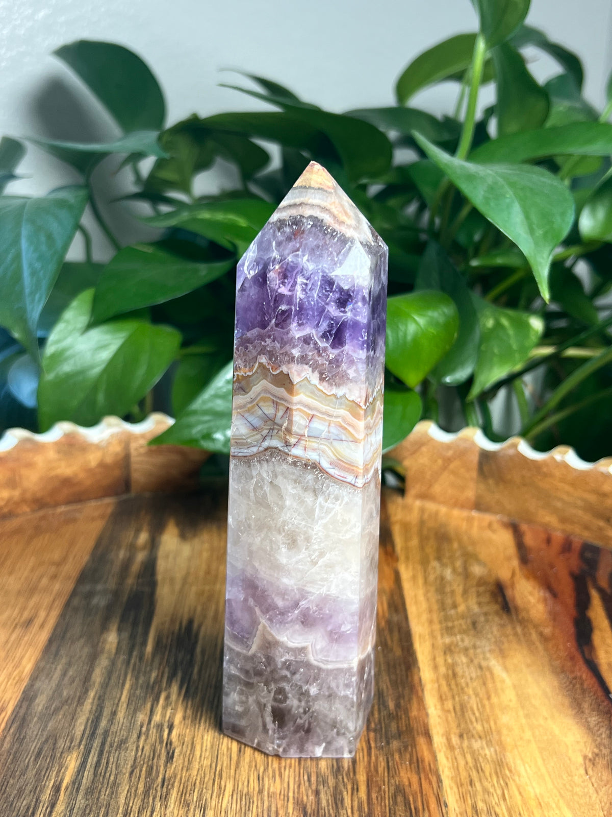 Mexican Crazy Lace Agate Amethyst Tower: Q