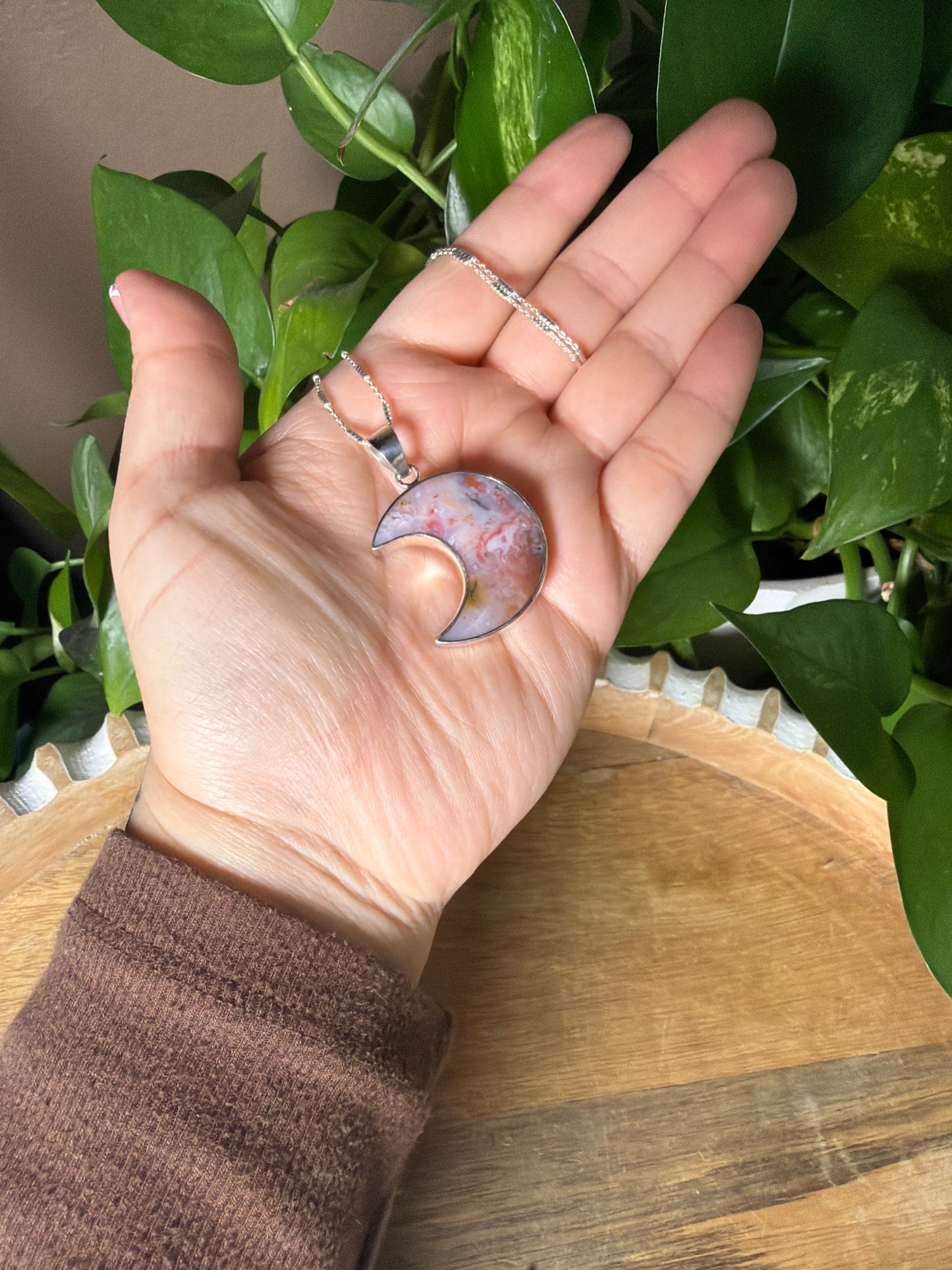 Rainbow Plume Agate Moon Pendant