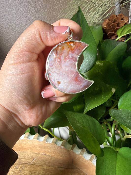 Large Rainbow Plume Agate Moon Pendant