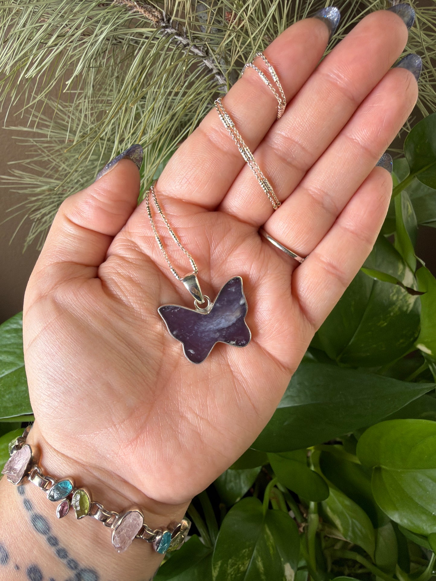 Purple Chalcedony Agate Butterfly Necklace