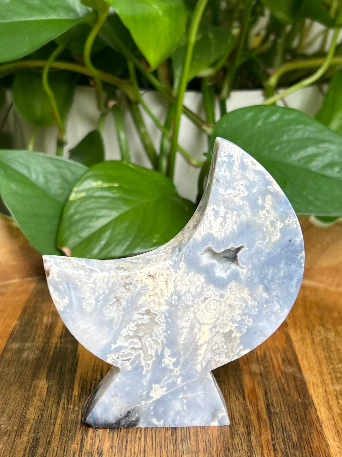 Blue Plume Agate Self-Standing Moon: LD