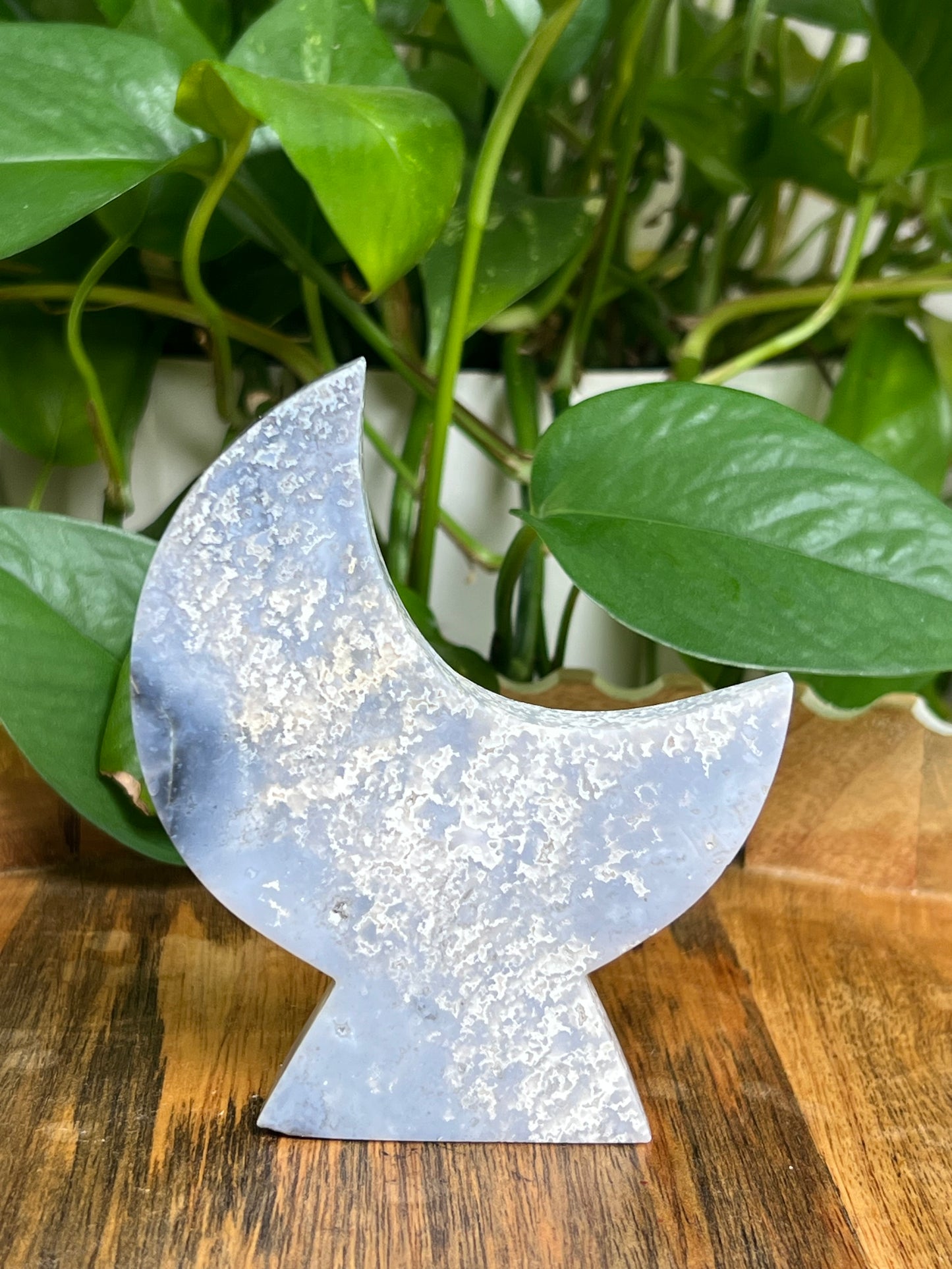Blue Plume Agate Self-Standing Moon: CK