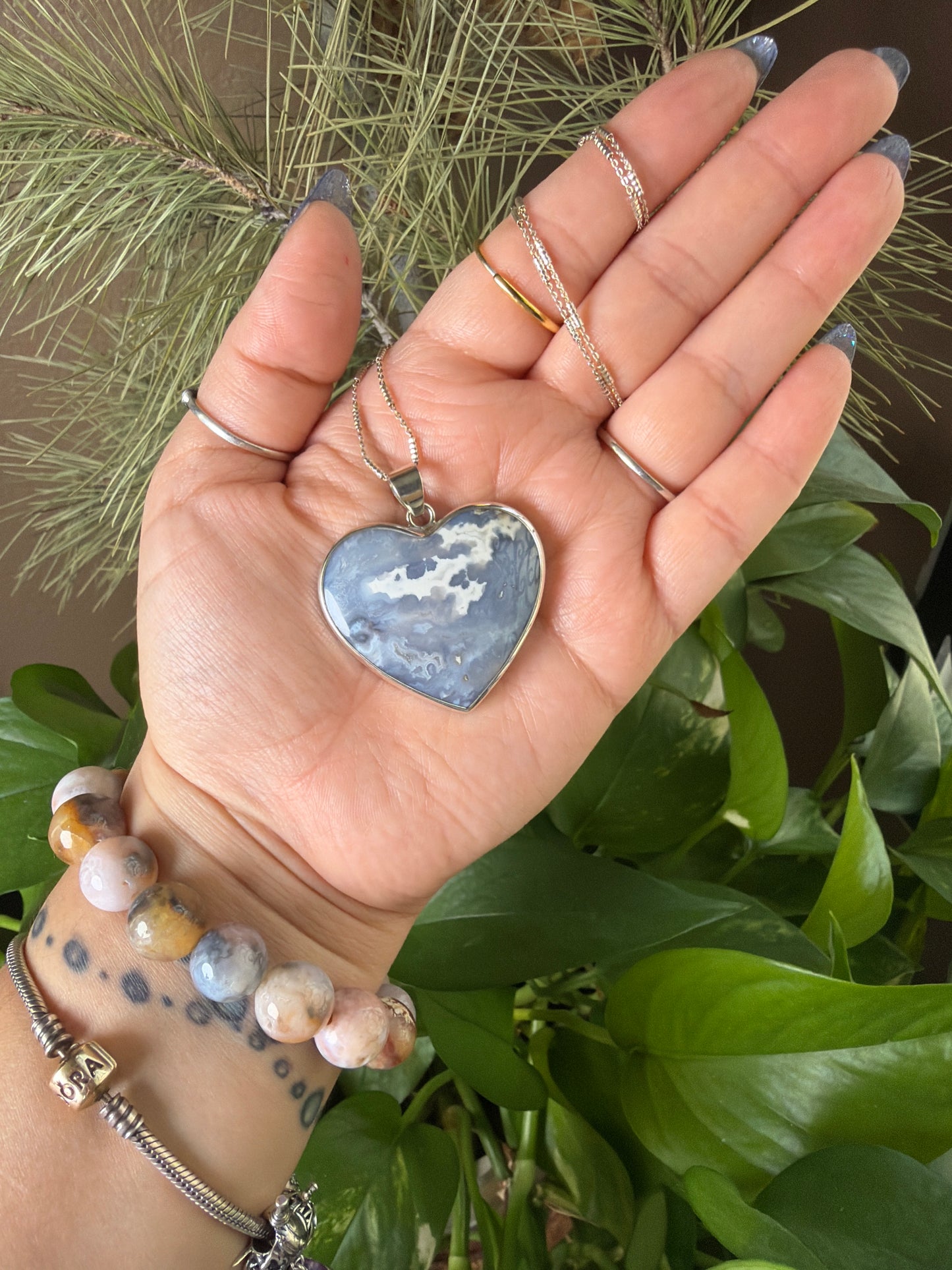Blue Plume Agate Heart Necklace
