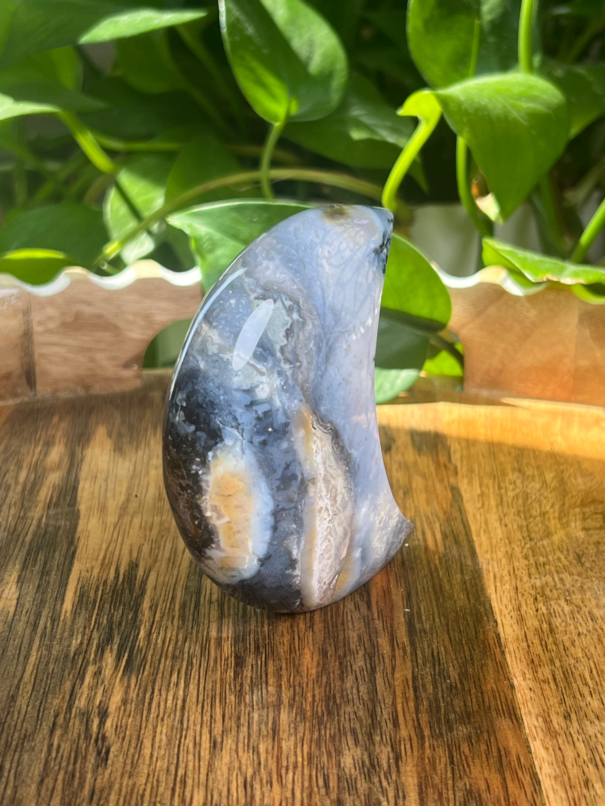 Blue Plume Agate Self- Standing Moon: BE