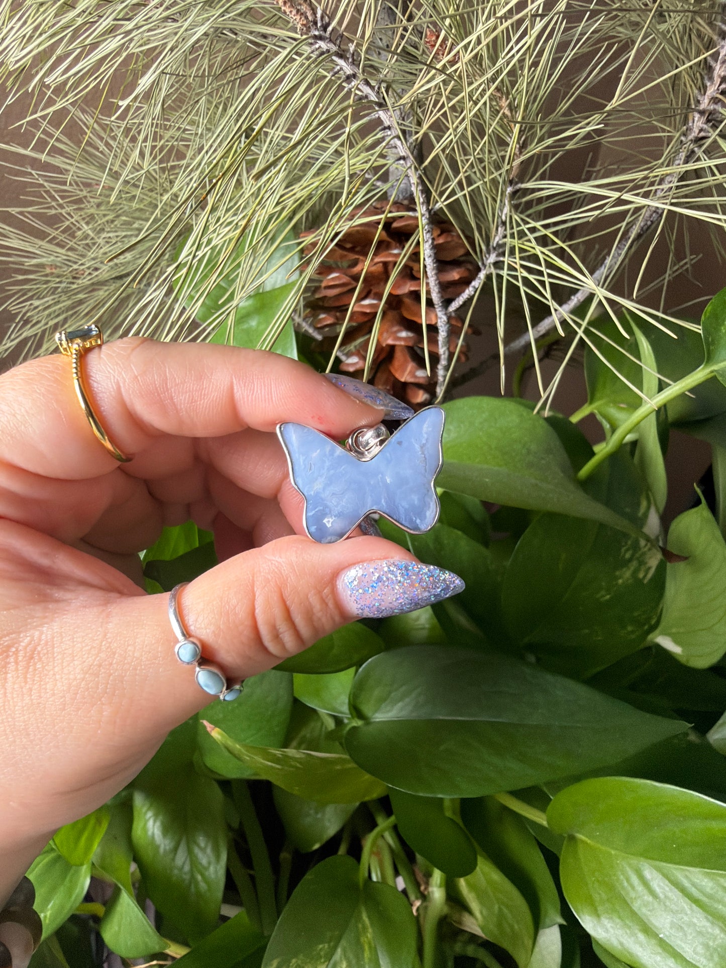 Blue Plume Agate Butterfly Necklace