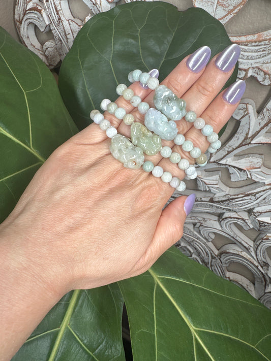 Green Burmese Jade Beaded Bracelet+ Dragon Bead