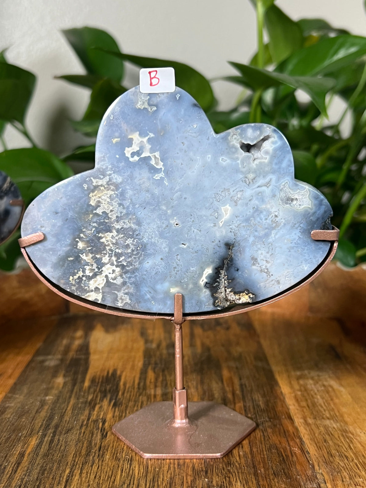 Blue Plume Agate On Metal Stand Clouds
