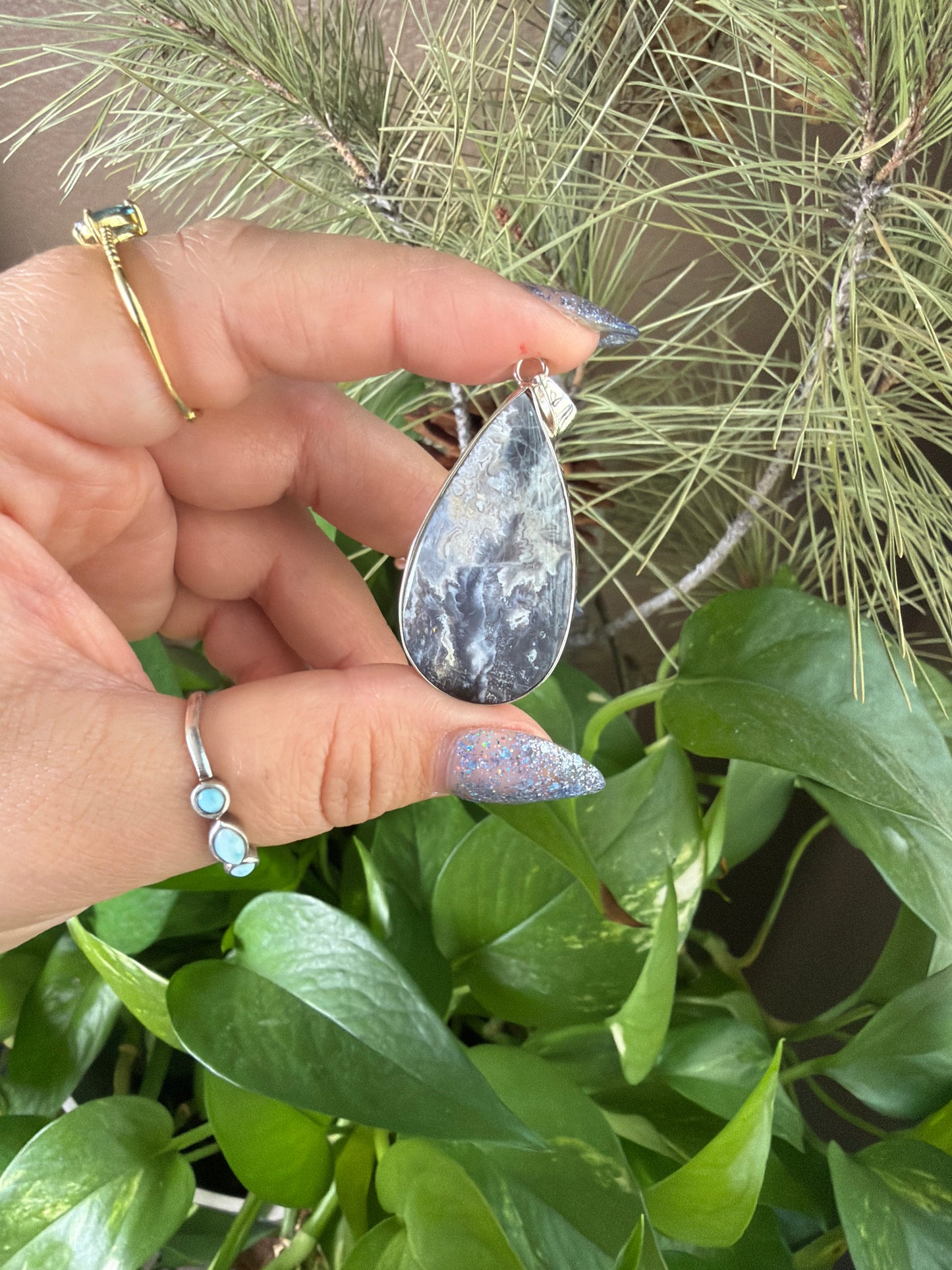 Blue Plume Agate Teardrop Necklace