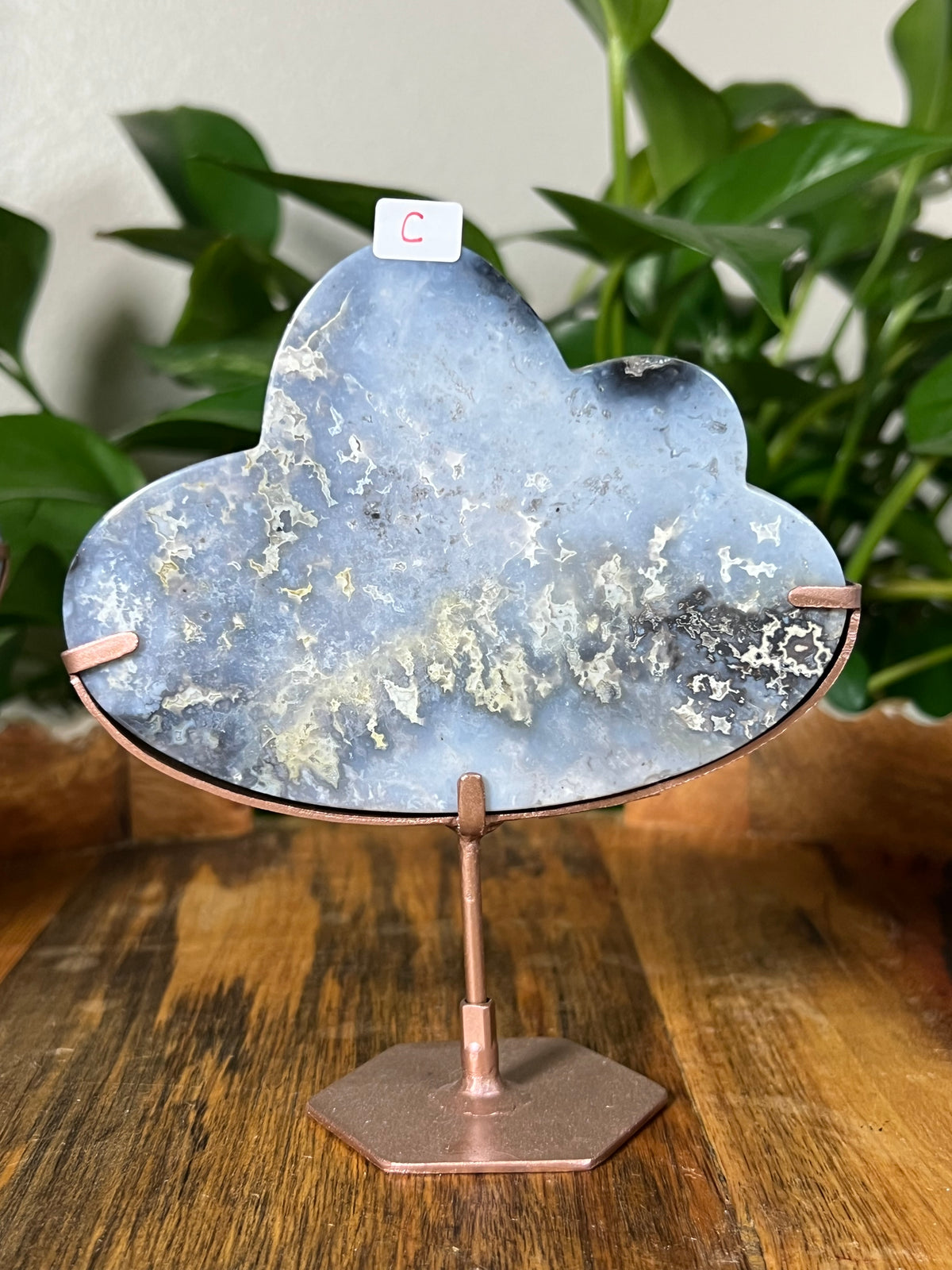Blue Plume Agate On Metal Stand Clouds