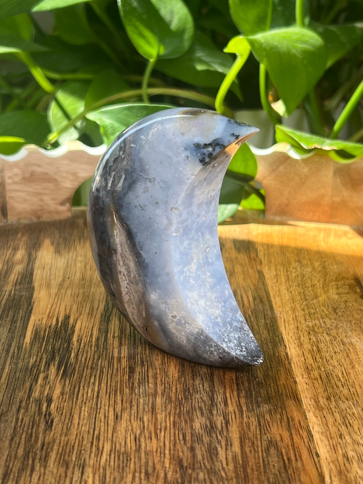 Blue Plume Agate Self- Standing Moon: BE