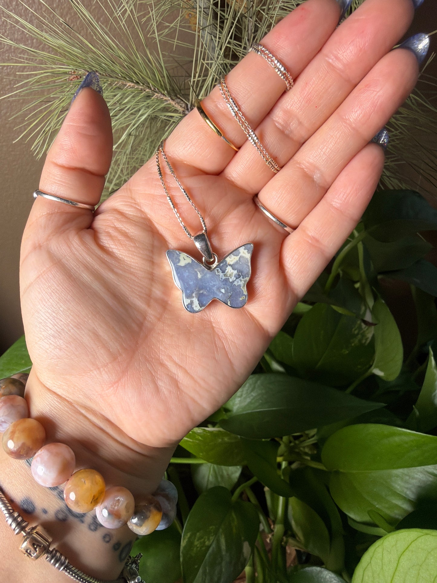 Blue Plume Agate Butterfly Necklace