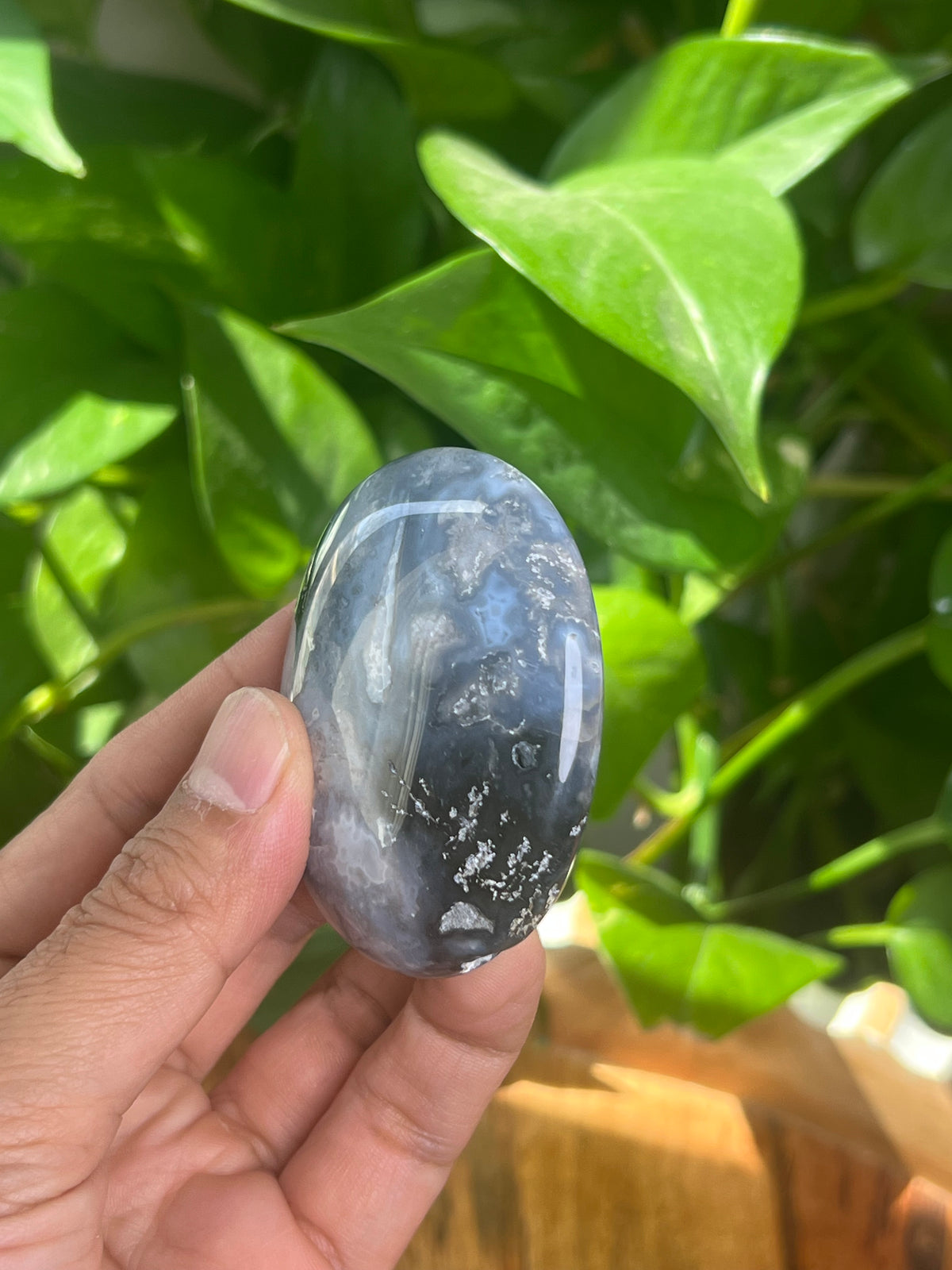 Blue Plume Agate Palmstone: BA