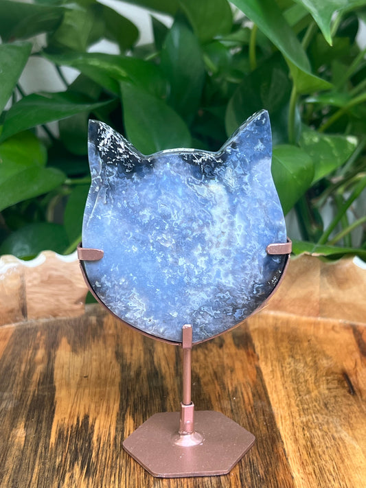 Blue Plume Agate Cat Head: NK