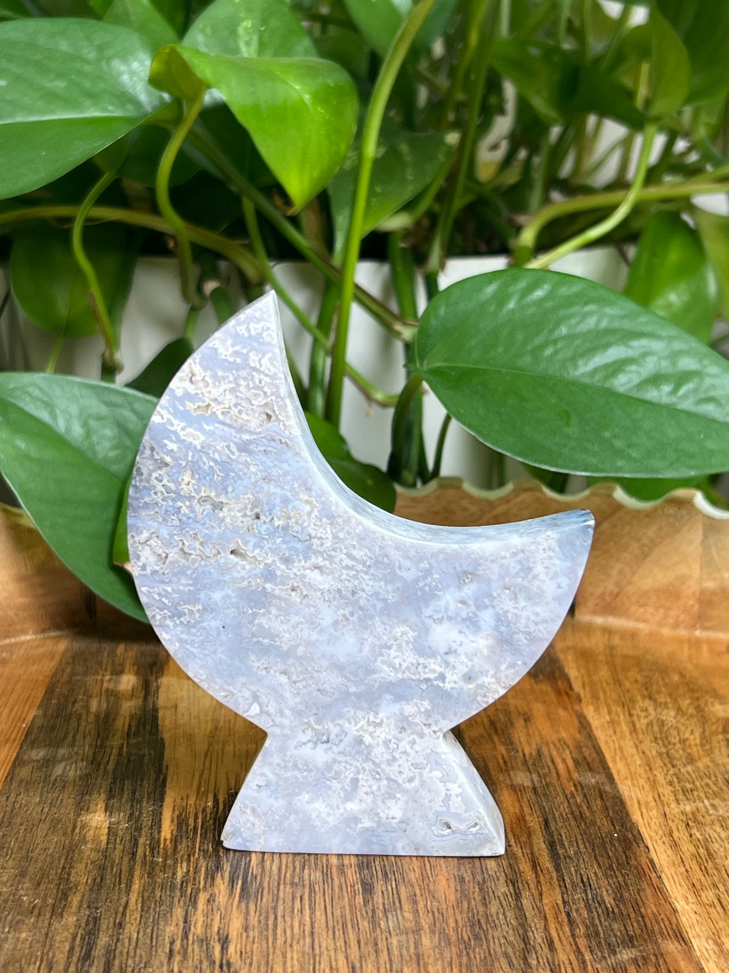 Blue Plume Agate Self-Standing Moon: MD