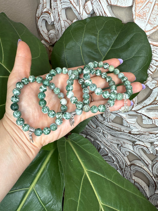 Tree Agate Beaded Bracelet + Silver Charm (8mm)