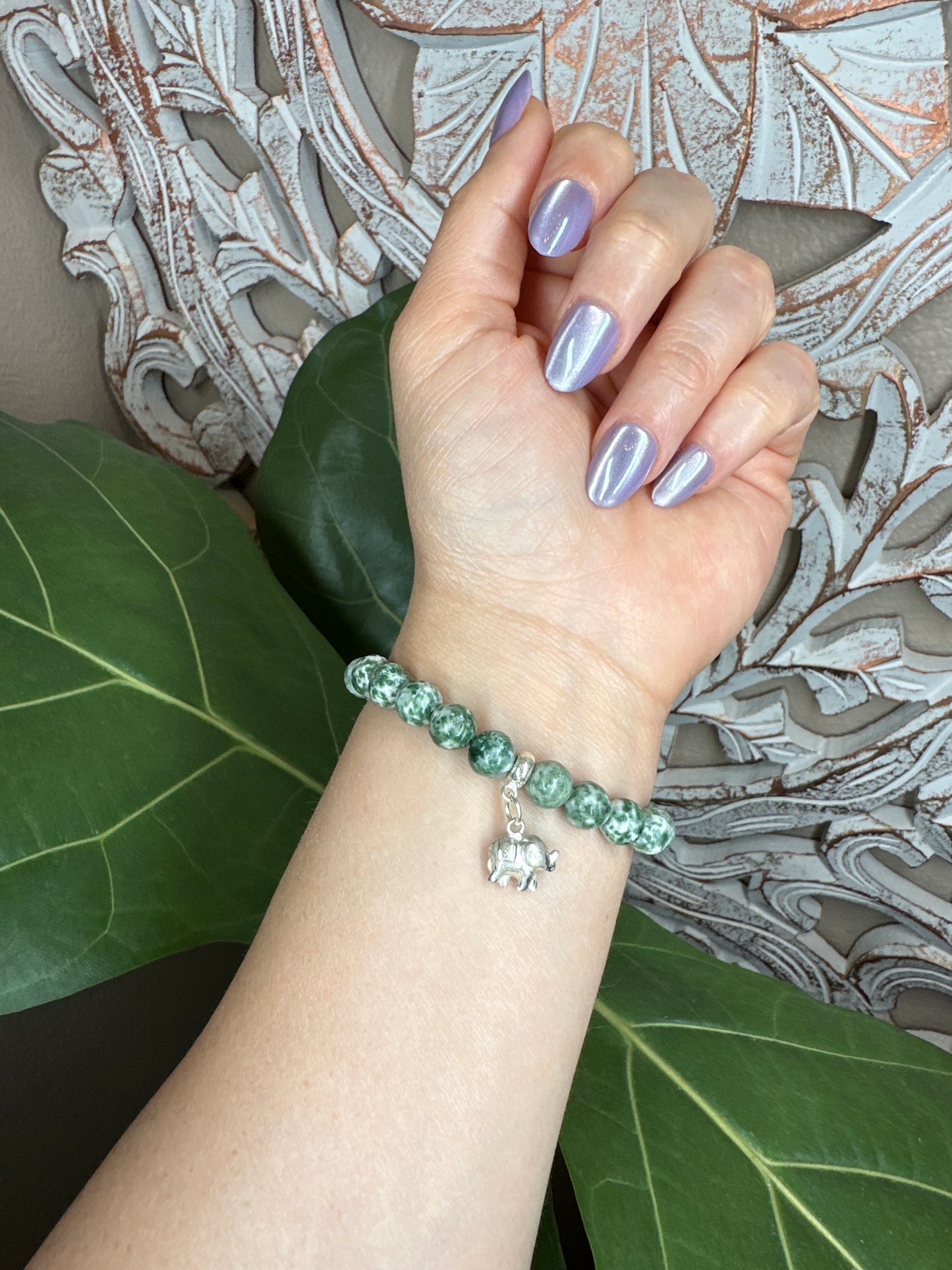 Tree Agate Beaded Bracelet + Silver Charm (8mm)