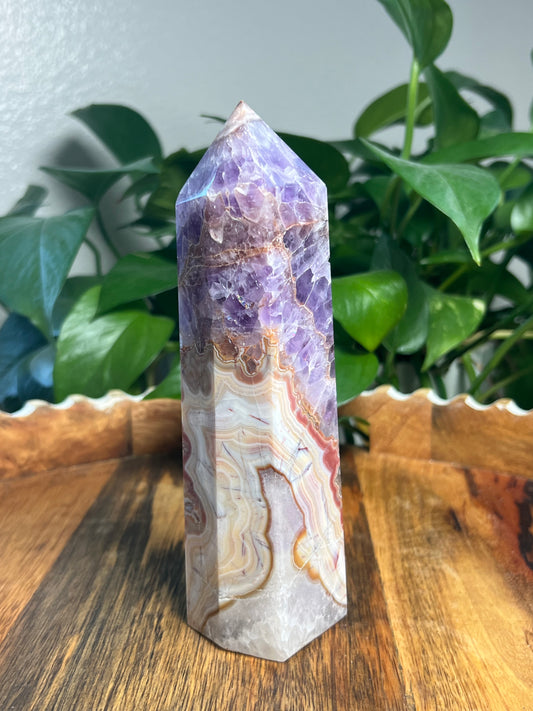 Mexican Crazy Lace Agate Amethyst Tower: LP