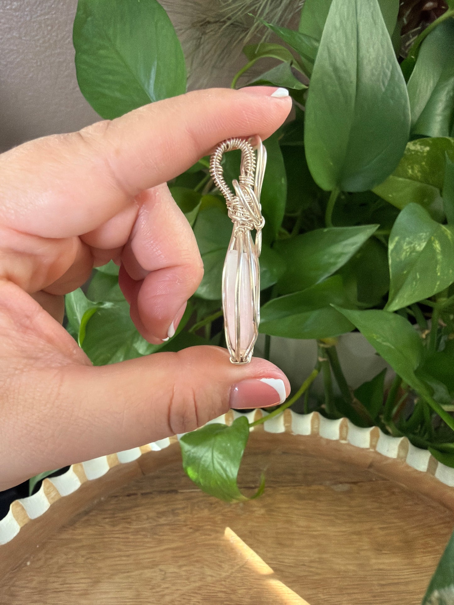 Rose Quartz Moon Wire Wrapped Necklace
