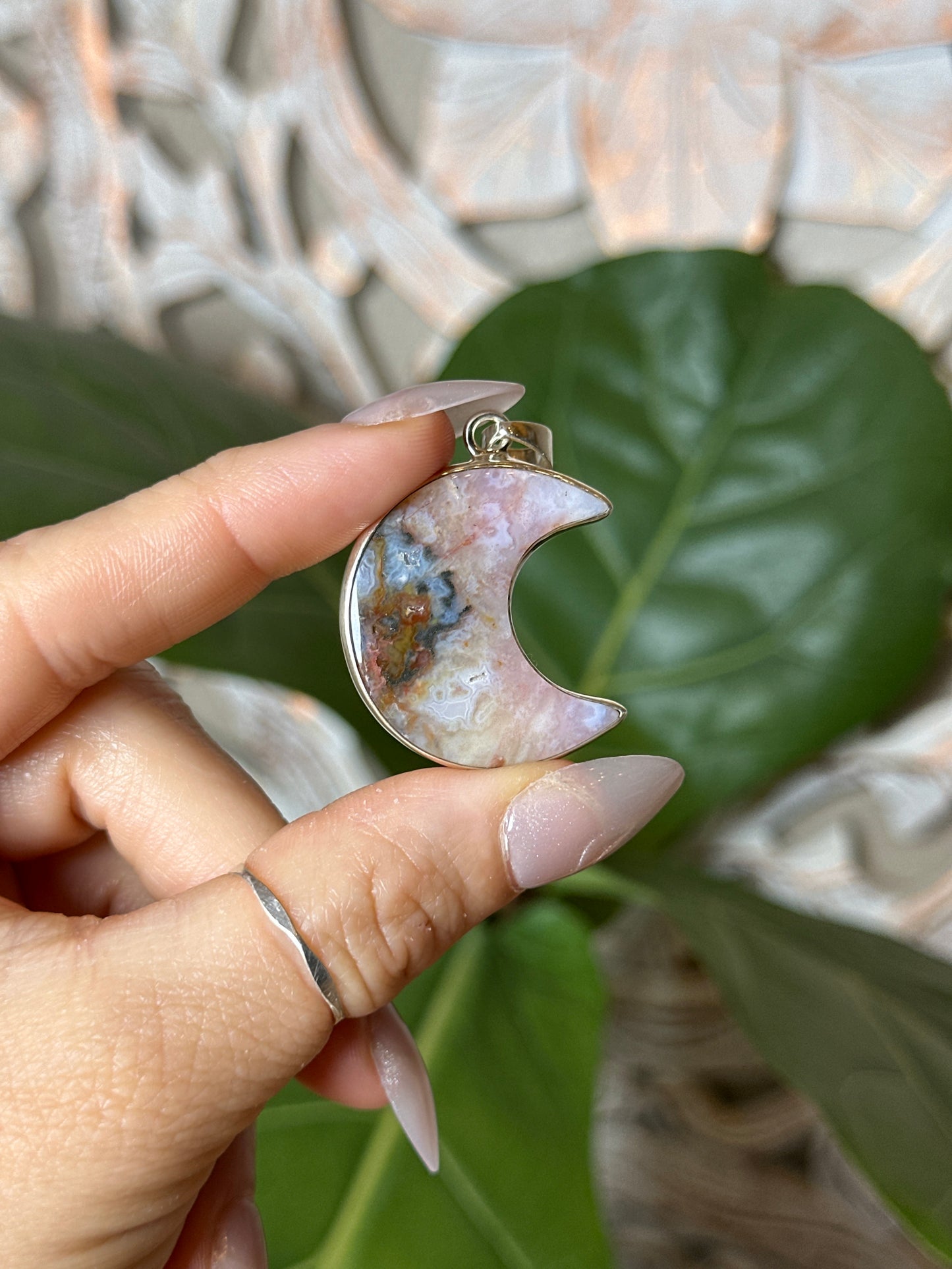 Rainbow Plume Agate Moon Pendant