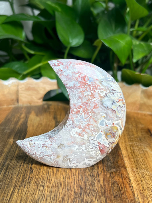 Sumatra Plume Agate Self-Standing Moon: SA