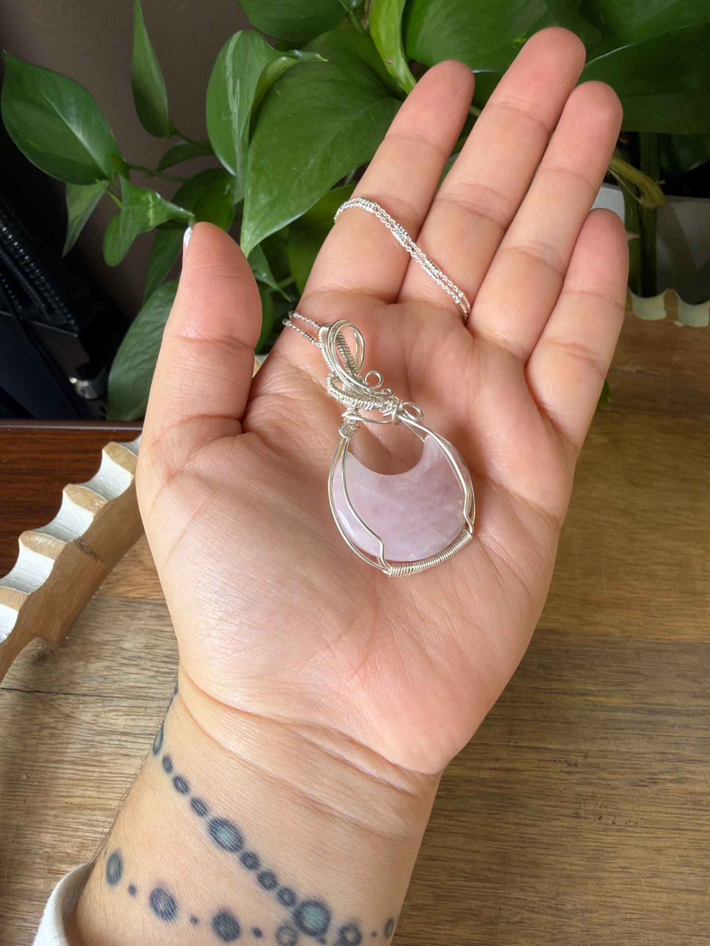 Rose Quartz Moon Wire Wrapped Necklace