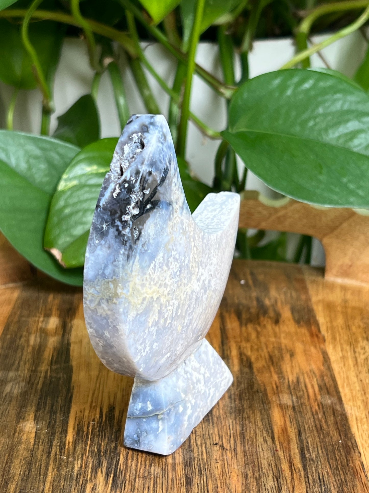Blue Plume Agate Self-Standing Moon: LE